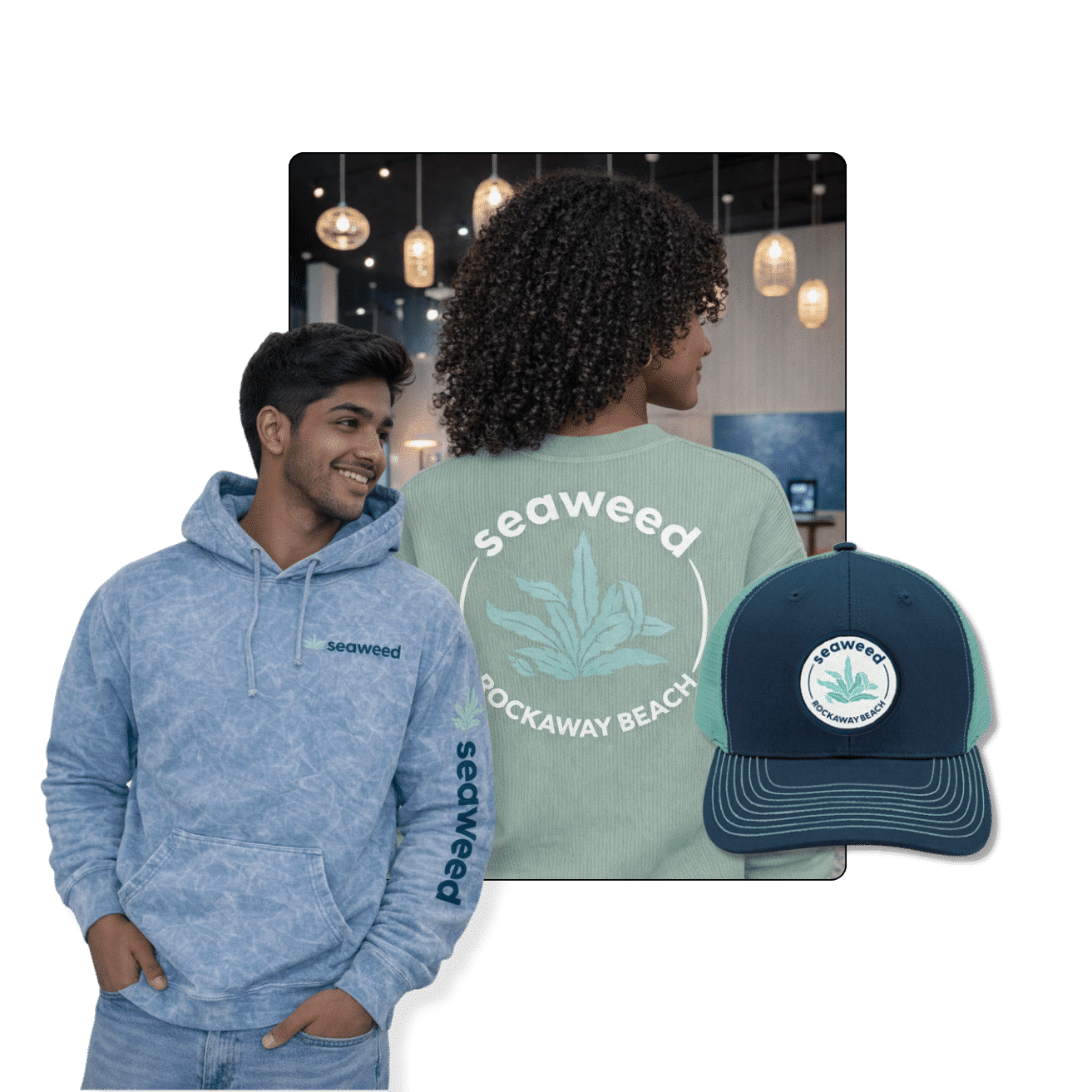 Display of Seaweed branded merch products