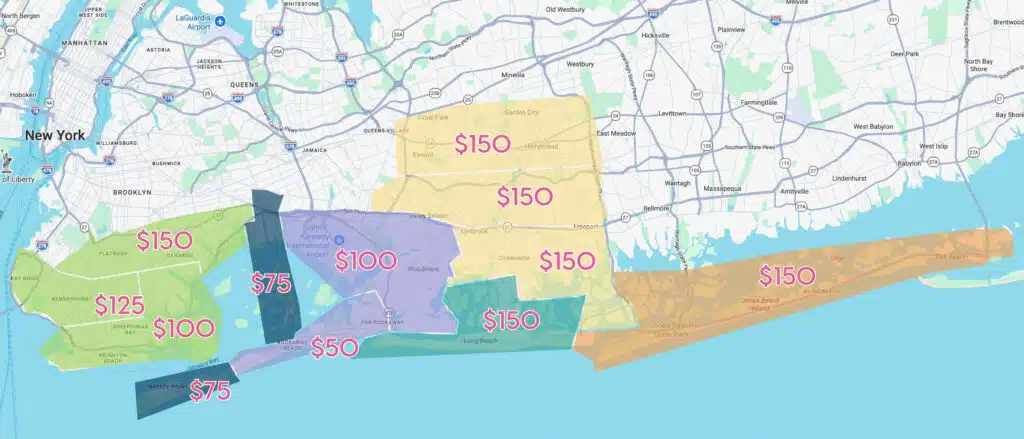 Seaweed cannabis delivery zone map covering Rockaway Beach, Queens, Nassau, and Brooklyn